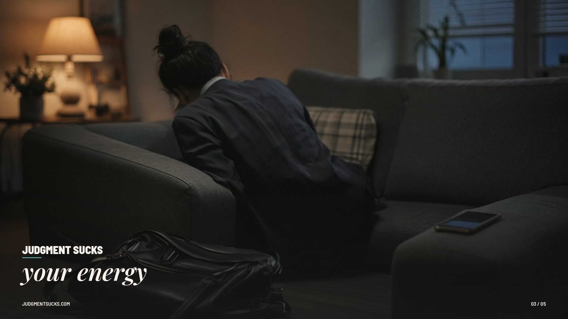 Judgment sucks your energy — Someone slumped on a couch after a long day